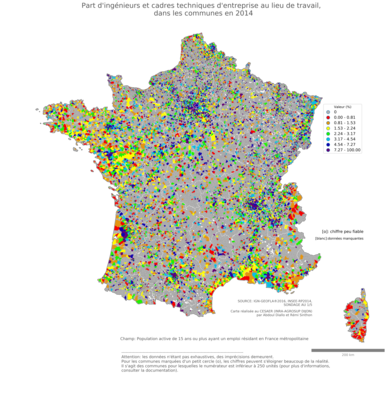 Part d'ingénieurs et cadres techniques d'entreprise au lieu de travail - com2014
Mots-clés: profession;lieu de travail;classes supérieures;communes