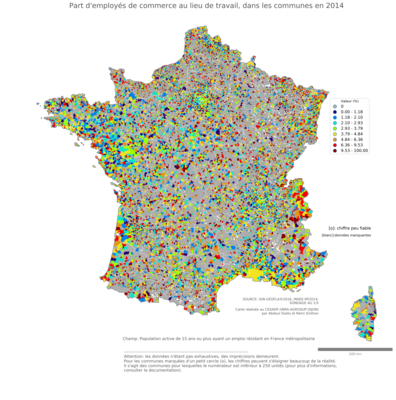 Part d'employés de commerce au lieu de travail - com2014
Mots-clés: profession;lieu de travail;classes populaires;communes