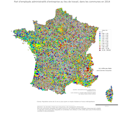 Part d'employés administratifs d'entreprise au lieu de travail - com2014
Mots-clés: profession;lieu de travail;classes populaires;communes