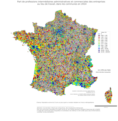 Part de professions intermédiaires administratives et commerciales des entreprises au lieu de travail - com2014
Mots-clés: profession;lieu de travail;communes