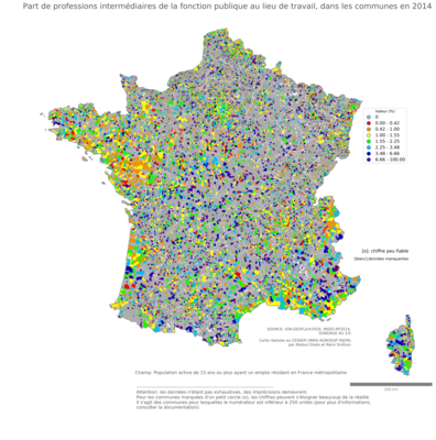 Part de professions intermédiaires de la fonction publique au lieu de travail - com2014
Mots-clés: profession;lieu de travail;fonction publique ou indépendance;communes