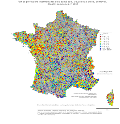 Part de professions intermédiaires de la santé et du travail social au lieu de travail - com2014
Mots-clés: profession;lieu de travail;communes