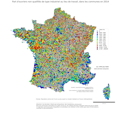 Part d'ouvriers non qualifiés de type industriel au lieu de travail - com2014
Mots-clés: profession;lieu de travail;classes populaires;communes