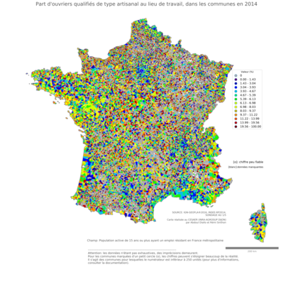 Part d'ouvriers qualifiés de type artisanal au lieu de travail - com2014
Mots-clés: profession;lieu de travail;classes populaires;communes