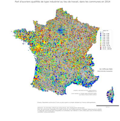 Part d'ouvriers qualifiés de type industriel au lieu de travail - com2014
Mots-clés: profession;lieu de travail;classes populaires;communes