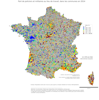 Part de policiers et militaires au lieu de travail - com2014
Mots-clés: profession;lieu de travail;classes populaires;communes