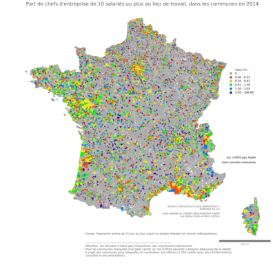 Part de chefs d'entreprise de 10 salariés ou plus au lieu de travail - com2014
Mots-clés: profession;lieu de travail;classes supérieures;fonction publique ou indépendance;communes