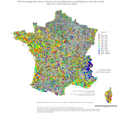 Part d'enseignants (tous niveaux) et de professions scientifiques au lieu de travail - com2014
Mots-clés: profession;lieu de travail;classes supérieures;communes