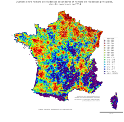 Quotient entre nombre de résidences secondaires et nombre de résidences principales - com2014
Mots-clés: ;communes