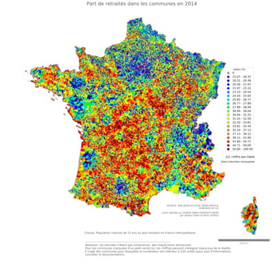 Part de ménages dont la personne de référence est ancienne agricultrice exploitante - com2014
Mots-clés: profession;âge;fonction publique ou indépendance;communes