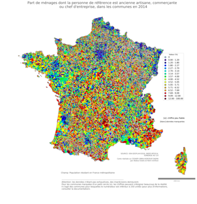 Part de ménages dont la personne de référence est ancienne artisane, commerçante ou chef d'entreprise - com2014
Mots-clés: profession;âge;fonction publique ou indépendance;communes