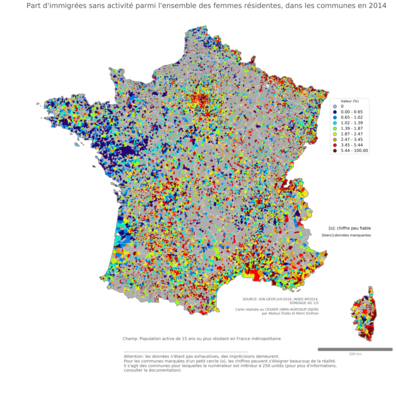 Part d'immigrées sans activité parmi l'ensemble des femmes résidentes - com2014
Mots-clés: immigration;chômage;sexe;femmes;classes populaires;communes