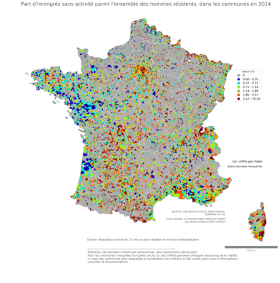 Part d'immigrés sans activité parmi l'ensemble des hommes résidents - com2014
Mots-clés: immigration;chômage;sexe;hommes;classes populaires;communes