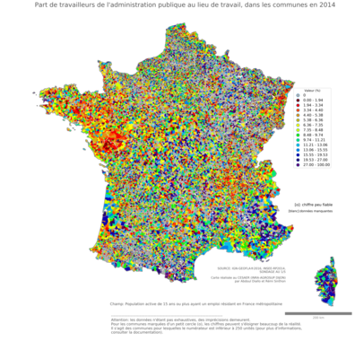 Part de travailleurs de l'administration publique au lieu de travail - com2014
Mots-clés: secteur d-activité;lieu de travail;fonction publique ou indépendance;communes