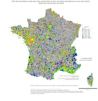 Part de travailleurs des arts, des spectacles et des activités récréatives au lieu de travail - com2014
Mots-clés: secteur d-activité;lieu de travail;communes