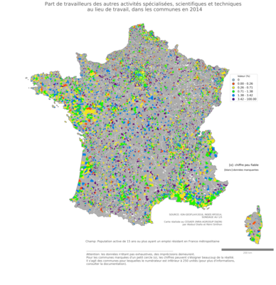 Part de travailleurs des autres activités spécialisées, scientifiques et techniques au lieu de travail - com2014
Mots-clés: secteur d-activité;lieu de travail;communes