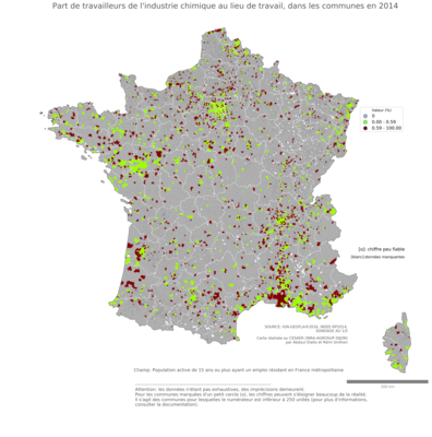 Part de travailleurs de l'industrie chimique au lieu de travail - com2014
Mots-clés: secteur d-activité;lieu de travail;communes