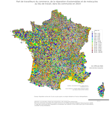 Part de travailleurs du commerce, de la réparation d'automobiles et de motocycles au lieu de travail - com2014
Mots-clés: secteur d-activité;lieu de travail;communes