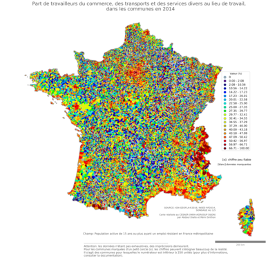 Part de travailleurs du commerce, des transports et des services divers au lieu de travail - com2014
Mots-clés: secteur d-activité;lieu de travail;communes