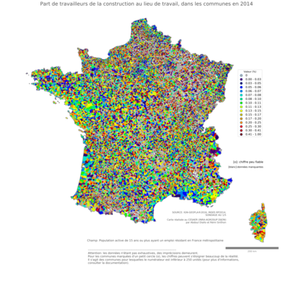 Part de travailleurs de la construction au lieu de travail - com2014
Mots-clés: secteur d-activité;lieu de travail;communes