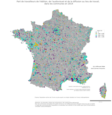 Part de travailleurs de l'édition, de l'audiovisuel et de la diffusion au lieu de travail - com2014
Mots-clés: secteur d-activité;lieu de travail;communes