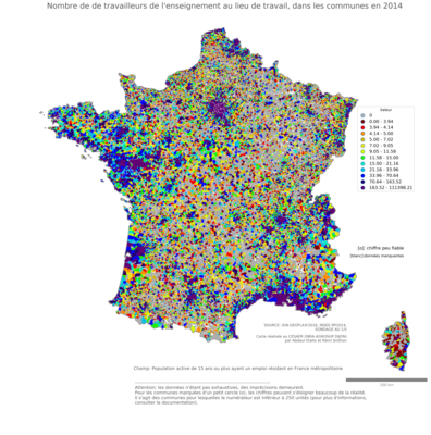 Nombre de de travailleurs de l'enseignement au lieu de travail - com2014
Mots-clés: secteur d-activité;lieu de travail;effectif;fonction publique ou indépendance;communes