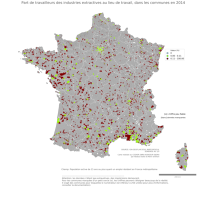 Part de travailleurs des industries extractives au lieu de travail - com2014
Mots-clés: secteur d-activité;lieu de travail;communes