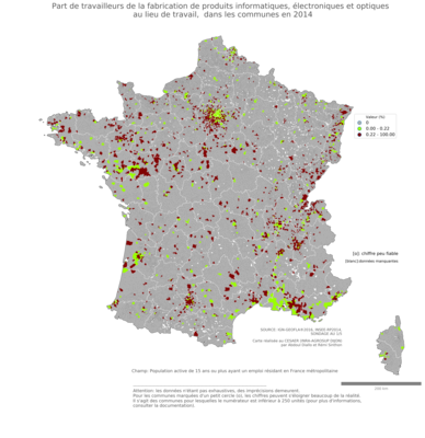 Part de travailleurs de la fabrication de produits informatiques, électroniques et optiques au lieu de travail - com2014
Mots-clés: secteur d-activité;lieu de travail;communes