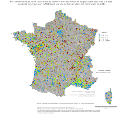 Part de travailleurs de la fabrication de produits en caoutchouc et en plastique ainsi que d'autres produits minéraux non métalliques au lieu de travail - com2014
Mots-clés: secteur d-activité;lieu de travail;communes