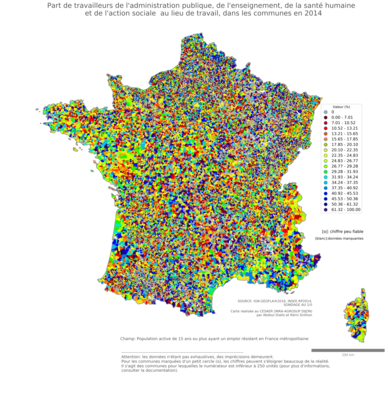 Part de travailleurs de l'administration publique, de l'enseignement, de la santé humaine et de l'action sociale au lieu de travail - com2014
Mots-clés: secteur d-activité;lieu de travail;fonction publique ou indépendance;communes