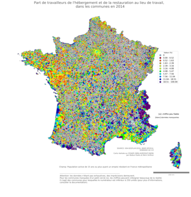 Part de travailleurs de l'hébergement et de la restauration au lieu de travail - com2014
Mots-clés: secteur d-activité;lieu de travail;communes