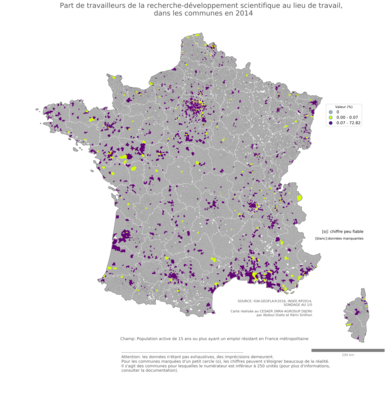 Part de travailleurs de la recherche'développement scientifique au lieu de travail - com2014
Mots-clés: secteur d-activité;lieu de travail;communes