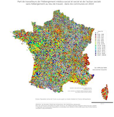 Part de travailleurs de l'hébergement médico'social et social et de l'action sociale sans hébergement au lieu de travail - com2014
Mots-clés: secteur d-activité;lieu de travail;fonction publique ou indépendance;communes