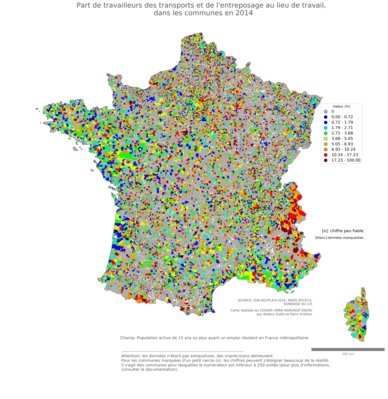 Part de travailleurs des transports et de l'entreposage au lieu de travail - com2014
Mots-clés: secteur d-activité;lieu de travail;communes