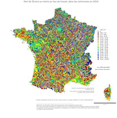 Part de 29 ans ou moins au lieu de travail - com2014
Mots-clés: âge;lieu de travail;communes