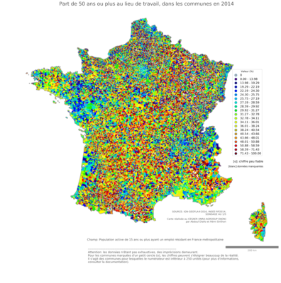 Part de 50 ans ou plus au lieu de travail - com2014
Mots-clés: âge;lieu de travail;communes