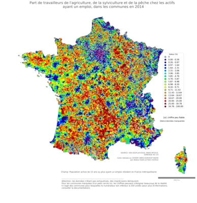 Part de travailleurs de l'agriculture, de la sylviculture et de la pêche chez les actifs ayant un emploi - com2014
Mots-clés: secteur d-activité;communes