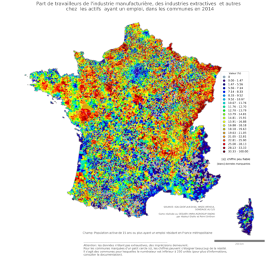 Part de travailleurs de l'industrie manufacturière, des industries extractives et autres chez les actifs ayant un emploi - com2014
Mots-clés: secteur d-activité;communes