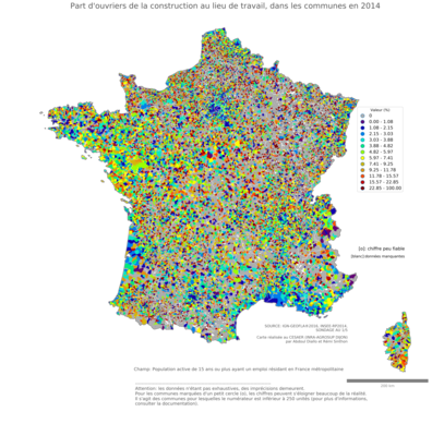 Part d'ouvriers de la construction au lieu de travail - com2014
Mots-clés: profession;sexe;hommes;lieu de travail;secteur d-activité;classes populaires;communes