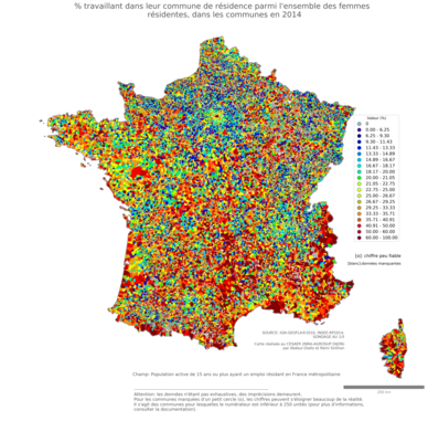 % travaillant dans leur commune de résidence parmi l'ensemble des femmes résidentes - com2014
Mots-clés: résidence et logement;sexe;femmes;communes