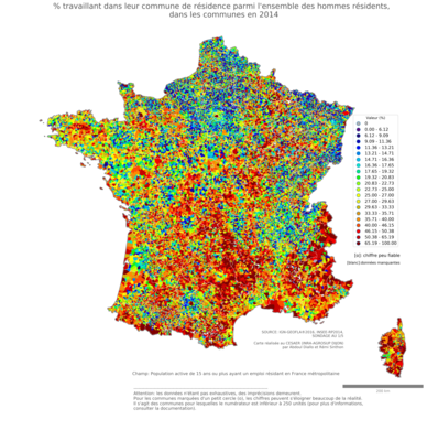 % travaillant dans leur commune de résidence parmi l'ensemble des hommes résidents - com2014
Mots-clés: résidence et logement;sexe;hommes;communes