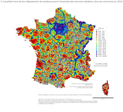 % travaillant hors de leur département de résidence parmi l'ensemble des hommes résidents - com2014
Mots-clés: résidence et logement;sexe;hommes;communes