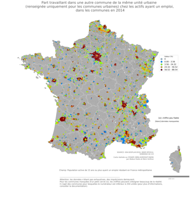 Part travaillant dans une autre commune de la même unité urbaine (renseignée uniquement pour les communes urbaines) chez les actifs ayant un emploi - com2014
Mots-clés: lieu de travail;conditions de travail et d-emploi;communes