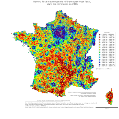 Revenu fiscal net moyen de référence par foyer fiscal, dans les communes en 2006
Mots-clés: Revenu;fiscal;communes