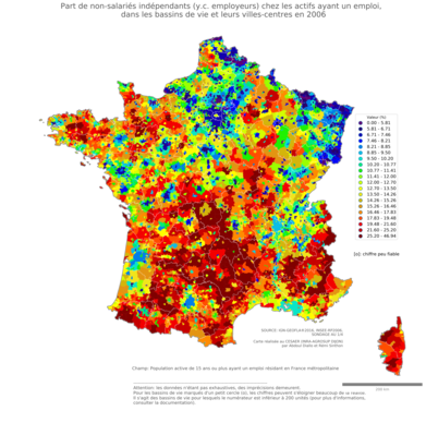 Part de non-salariés indépendants chez les actifs ayant un emploi, dans les bassins de vie et leurs villes-centres en 2006
Mots-clés: conditions de travail et d&#039;emploi;fonction publique ou indépendance