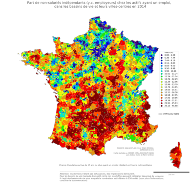 Part de non-salariés indépendants chez les actifs ayant un emploi, dans les bassins de vie et leurs villes-centres en 2014
Mots-clés: conditions de travail et d&#039;emploi;fonction publique ou indépendance